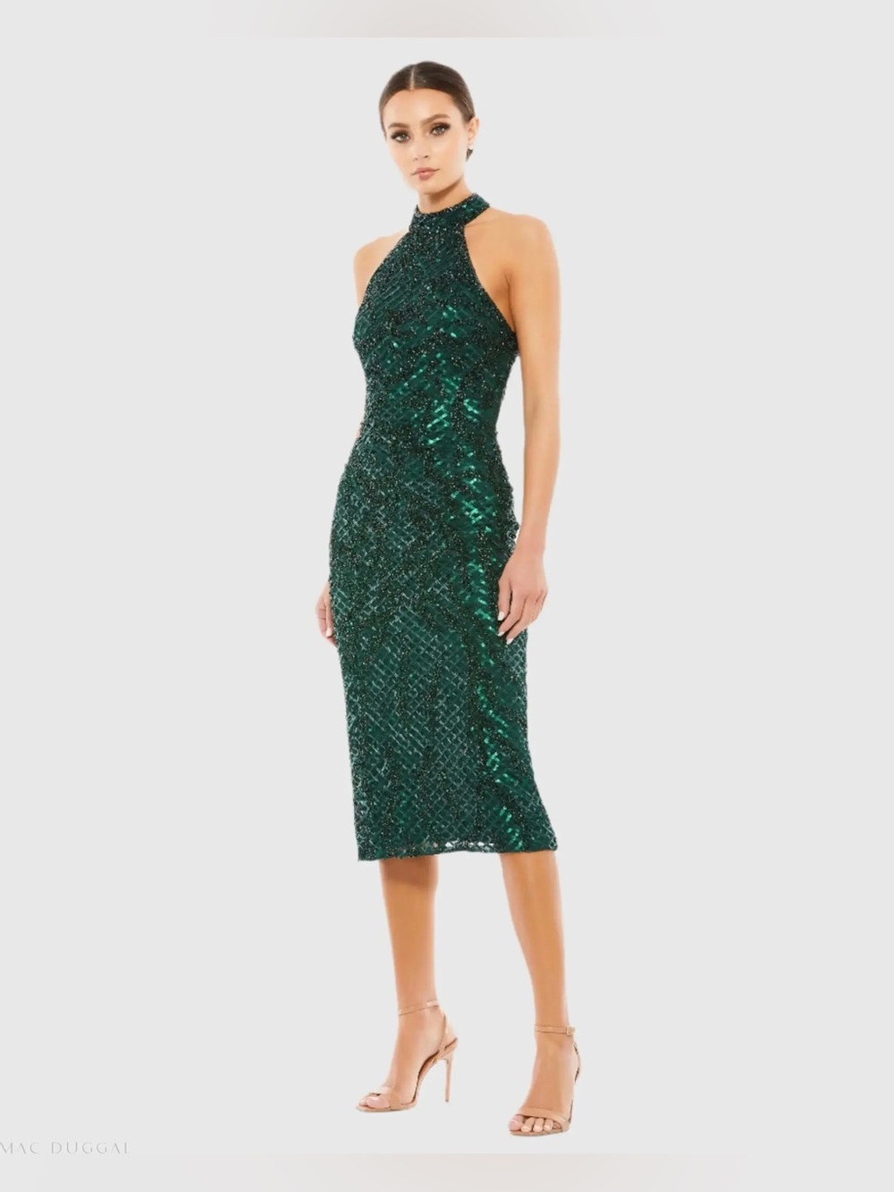 Mac Duggal Lattice Embellished Sequined Halter Midi Dress Bottle Green Size 10